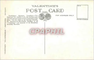 St Martin in the Fields, Trafalgar Square, Londres — Carta de Visita de Valentine n°209372 — Verso