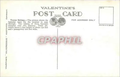 Ponte Tower, Londres — vista com pontas levantadas — Valentine's Postcards n°43871 — Verso