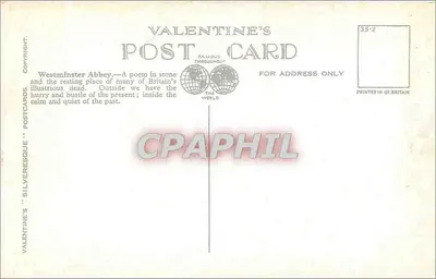 Westminster Abbey, Londyn — widok z zewnątrz — karta pocztowa Valentine's Silveresque n° 76207 — Rewers
