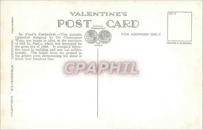 Catedral de São Paulo, Londres — Cartão Postal Valentine's n°85595 — Verso