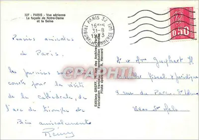 Tarjeta postal antigua París - Vista aérea - La fachada de Notre-Dame y la Senna — Ediciones GREEFF, n°327 — Reverso