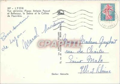 Lyon — Widok z powietrza; Plac Antonin Poncet i Bellecour, Saône i Wzgórze Fourvière — Wydawnictwo L. Cellaud — nr 397 — Rewers