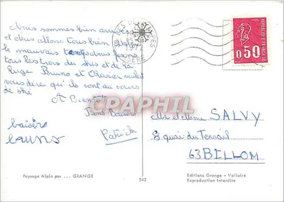 Paisagem Alpina — chalé nevado diante das Aiguilles de Bérard — Éditions Grange, n°543 — Verso