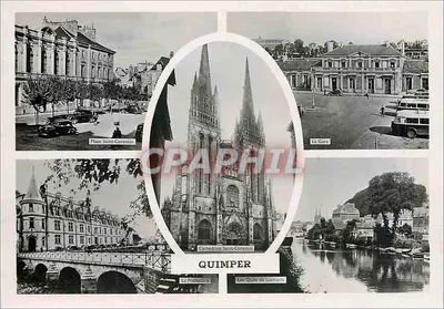Quimper — Vista panorâmica com a Catedral de São Corentino, a Praça de São Corentino, a Estação e os Quais de Locmaria — Edições Artaud irmãos e filhos, Nantes