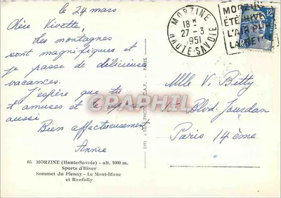 Szczyt Plenay — Mont Blanc i Ranfolly — Morzine (Haute-Savoie) — alt. 1000 m. — Stara pocztówka (Serie 65) — Rewers