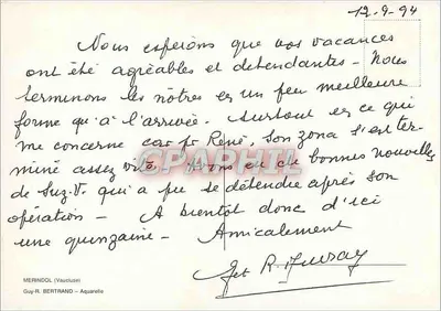Merindol — widok wsi z kościołem — akwarela R. F. Bertranda — Rewers