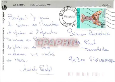 Mont-Saint-Quentin — vista de estrada cercada por árvores — Col de Lessy, Foto O. Guckert, 1990 — Verso