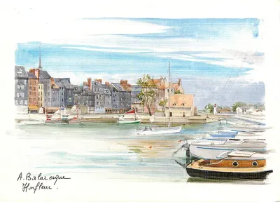 O cais de Honfleur — Aquarela original de A. Balaresque — Éditions d'Art Jean-Joukès