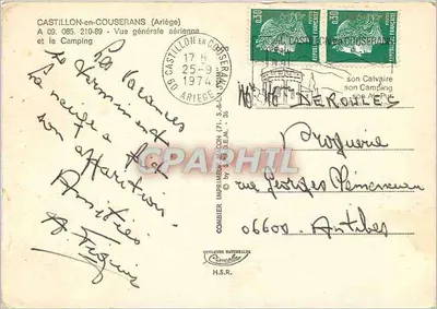 Castillon-en-Couserans — Vista geral aérea e o Camping — Impressora Combier — Verso