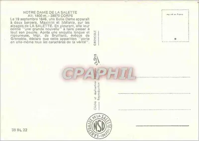 Nossa Senhora de La Salette — aparição de 1846 — editor Cliché de La Salette, n° 38 BL 22 — Verso