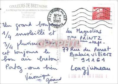 Presqu'île de Quiberon — Uitgever Couleurs de Bretagne, serie-nummer niet zichtbaar — Achterkant