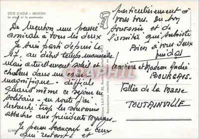 Menton — La playa y la pasarela — Ediciones S.E.P.T. 35, Boulevard de l'Orbelle, Niza — Reverso