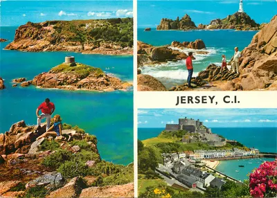 Jersey, C.I. — vista panorâmica das costas, farol e castelo — John Hinde Limited