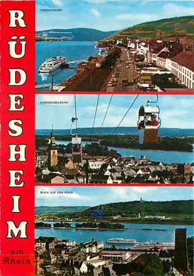 Rüdesheim am Rhein — Vista da Rhinestraße, do teleférico e do rio — Verlag Wilhelm Schäfer, Wallstraße 10