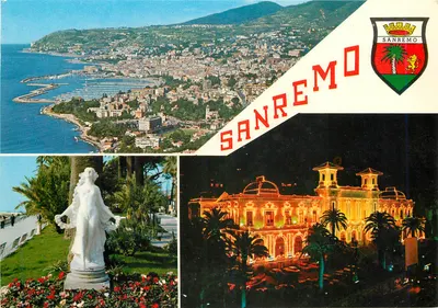 Sanremo — widok panoramiczny, figura i oświetlony hotel — Casa delle Cartoline Sanremo