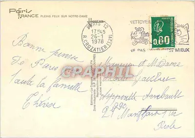 Katedra Notre-Dame w Paryżu — widok nocny oświetlony — Wydawnictwo La Cigogne — Rewers