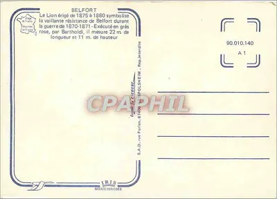 Lew Broniczny Belfortu — Zabytkowy pomnik — Wydawca IRIS, numer seryjny 90.010.140 — Rewers