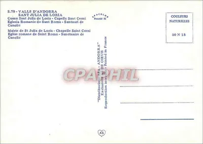 Sant Julia de Loria — vista da prefeitura, igreja romana e capela — editor SPACOLOR, n° 50 N 18 — Verso