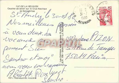 Zachód słońca nad Klubem Nautycznym Saint-Gilles — Wyspa La Réunion — Wydawnictwo Jean-Charles Cladène, nr 457 — Rewers