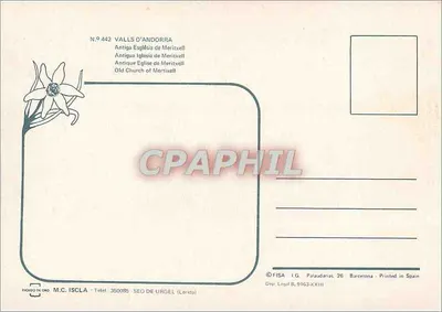Santuari de Meritxell — ruiny starej świątyni — wydawca M.C. Iscla, nr 9 442 — Rewers