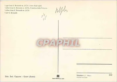 Wielki Saint-Bernard — granica włosko-szwajcarska — wydawca Escl. Capurso, Quart (Aosta) — Rewers
