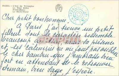 Paryż — Arc de Triomphe, Wieża Eiffla, Notre-Dame, Sacré-Cœur — wydawca nieznany, numer serii nie widoczny — Rewers