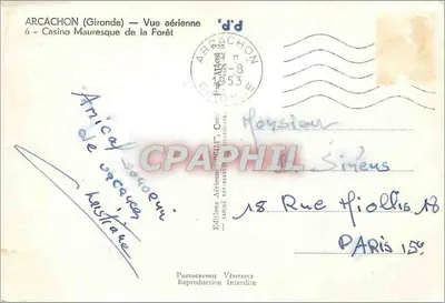 Arcachon (Gironde) — Widok z powietrza — Kasyno Maureskowe w Lasie — Wydawnictwo Lotnicze 'Céline' — n°6 — Rewers