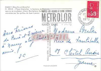 Nancy — Plac Stanisława — Fontanna Neptuna — dzieło niemieckiego rzeźbiarza Barthélémy Guillaume, ramiona z kratami Jean Lamour — Wydawnictwo Estel — Rewers