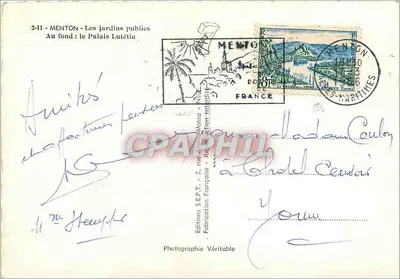 Menton - I giardini pubblici — In fondo: il Palazzo Lutétia — Edizioni S.E.P.T. — Verso