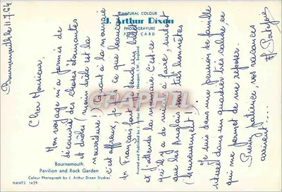 Bournemouth — Pavilhão e Jardim Rocher — J. Arthur Dixon Studios, HANTS 1429 — Verso