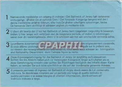 Autorizzazione all'ingresso nel Bailiwick of Jersey — Immigration (Jersey) Order, 1972 — Form 1S.120 — Verso
