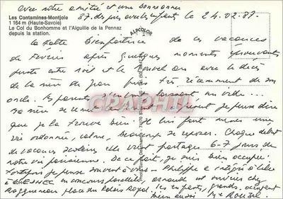 Les Contamines-Montjoie — widok z stacji, z Przełęczą Bonhomme i Górną Agulą Pennaz — wydawca ALP COLOR — Rewers