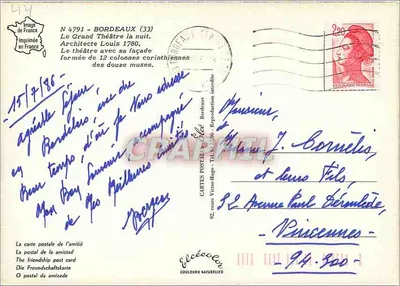 O Grande Teatro de Bordeaux — noite — Editor Elcé, n° 4791 — Verso