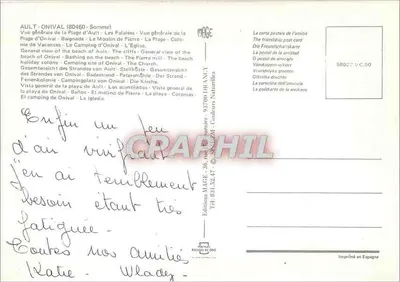 Ault - Onival — vue générale de la plage, falaises, moulin de Pierre, camping, église — Éditions MAGE — Verso