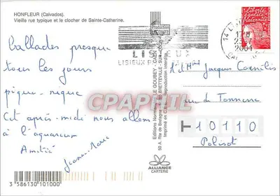 Honfleur — Typowa stara ulica i wieża dzwonnicza świętej Katarzyny — Wydawnictwo Normandie Le Goubey — Rewers