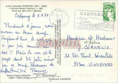 Embarcações diante de Honfleur — reprodução a partir da óleo de Louis Alexandre Dubourg (1821-1892) — Éditions Normandes Le Goube, n° 1 — Verso