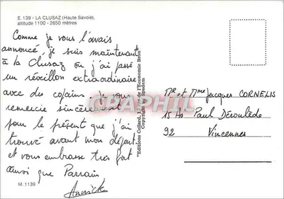 La Clusaz — vista aérea nevada — Éditions Cellard, n° M.1139 — Verso