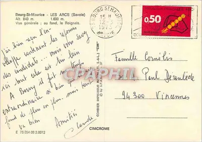 Bourg-Saint-Maurice — Vista geral com os Arcs e os Roignais — Impressor CIMCROME — Verso