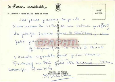 Vizzavona — Carretera del paso en el bosque — Ed. A. RION - 94/157 — Reverso