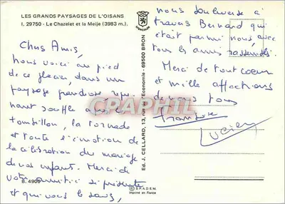 Le Chazelet y la Meije (3983 m.) — Los Grandes Paisajes del Oisans — Ed. J. Cellard, 69500 Bron — Reverso