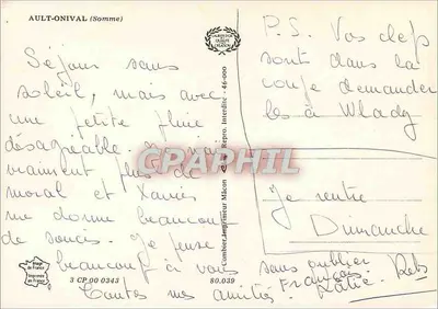 Ault-Onival — vista da cidade, praia, falésias e farol — Combier, Impressor de Mâcon — Verso