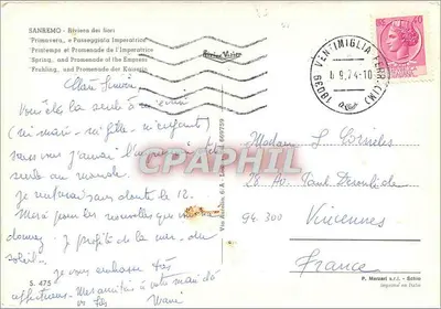 Sant'emo - A Primavera — passeio cercado de palmeiras e estátua central — editor P. Marzari s.r.l., Schio — Verso