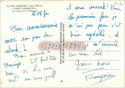 Bareges - Altitude 1300 m. — « Chez Louissette » — ARTPYR — Verso