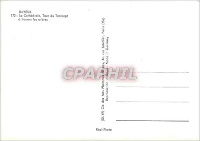 Bayeux — Katedra, Wieża Transeptu przez drzewa — Cie des Arts Photomax, Paryż — Rewers