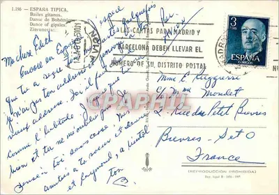Hiszpania — Taniec gitanów — Las Cartas para Madrid y Barcelona deben llevar el número de su distrito postal — Rewers