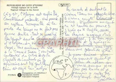 Vila típica da floresta — República da Costa do Marfim — Editor R. EARMONIN, n° 71179 S — Verso