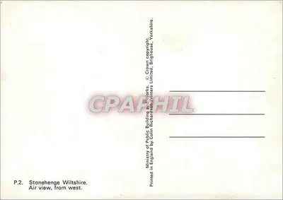 Stonehenge Wiltshire — widok z lotu ptaka z zachodu — wydawca: Colln Richardson Printers Limited — Rewers