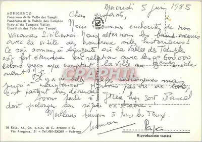 Agrigente — Panorama da Vale dos Templos — Éditeur Ar. Co. s.n.c. di C. Arnone e C. — Verso