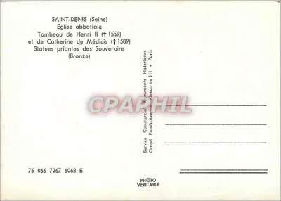 Saint-Denis (Seine) — Tumba de Henri II (†1559) y de Catalina de Médicis (†1589) — Estatuas en oración de los Soberanos (Bronce) — Service Commercial Documents Historiques, París — Reverso