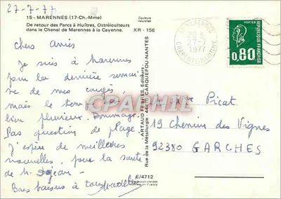 Ostréicultores no Canal de Marennes — Editor Artaud Frères, n° XR-156 — Verso